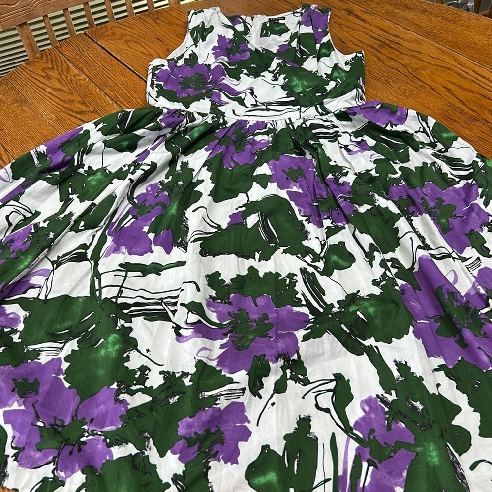 J. Peterman White Midi Dress with Green and Purple Abstract Floral Print